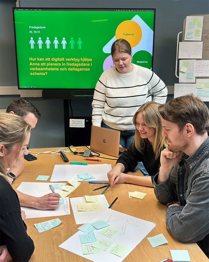 Fem personer har en workshop kring välfärdsteknik vid ett bord fyllt med papper och post-it-lappar.
