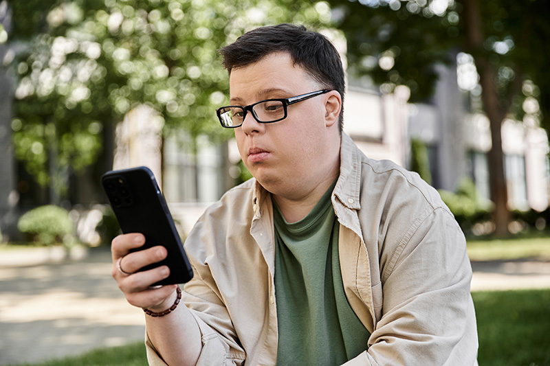 Man med glasögon tittar i sin telefon utomhus.