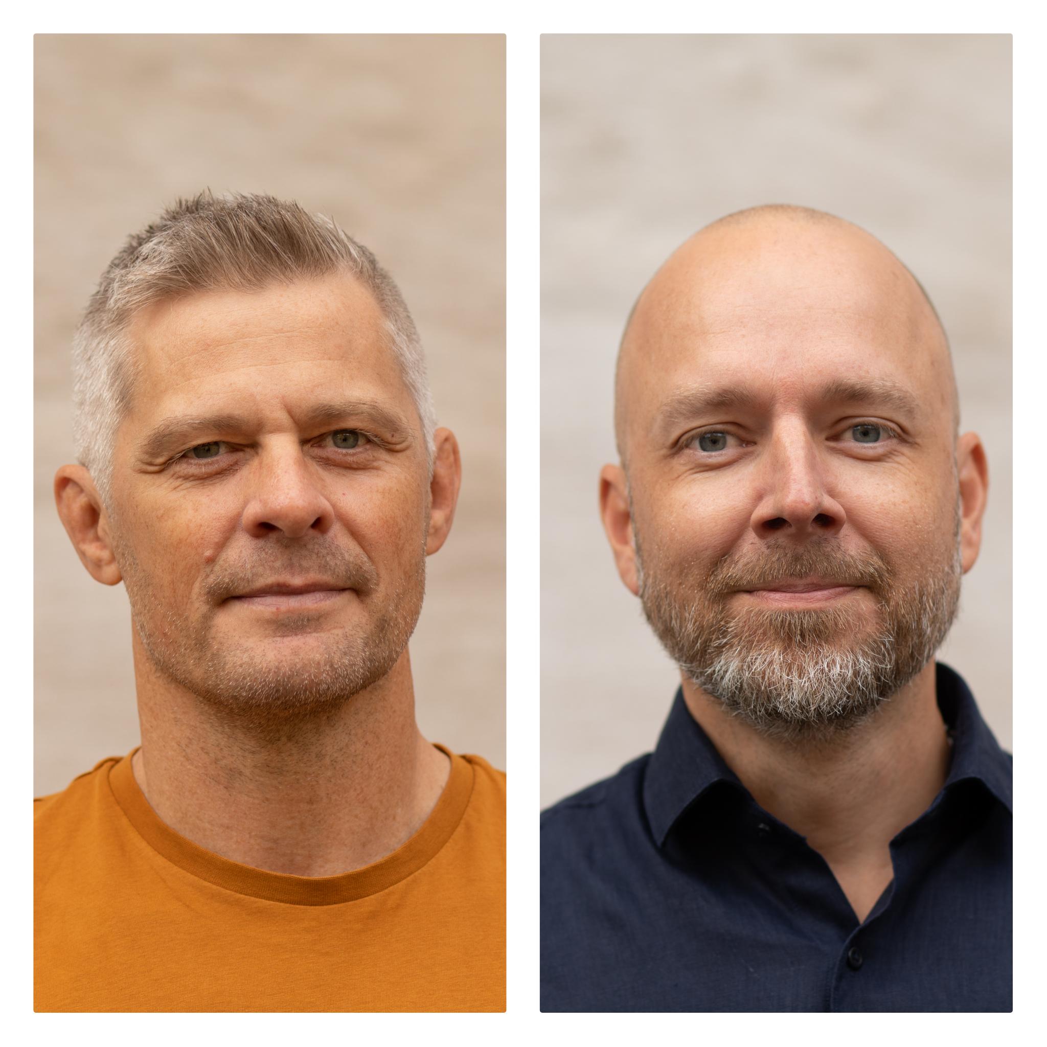 Två porträtt i en bild på personer som ler in i kameran.