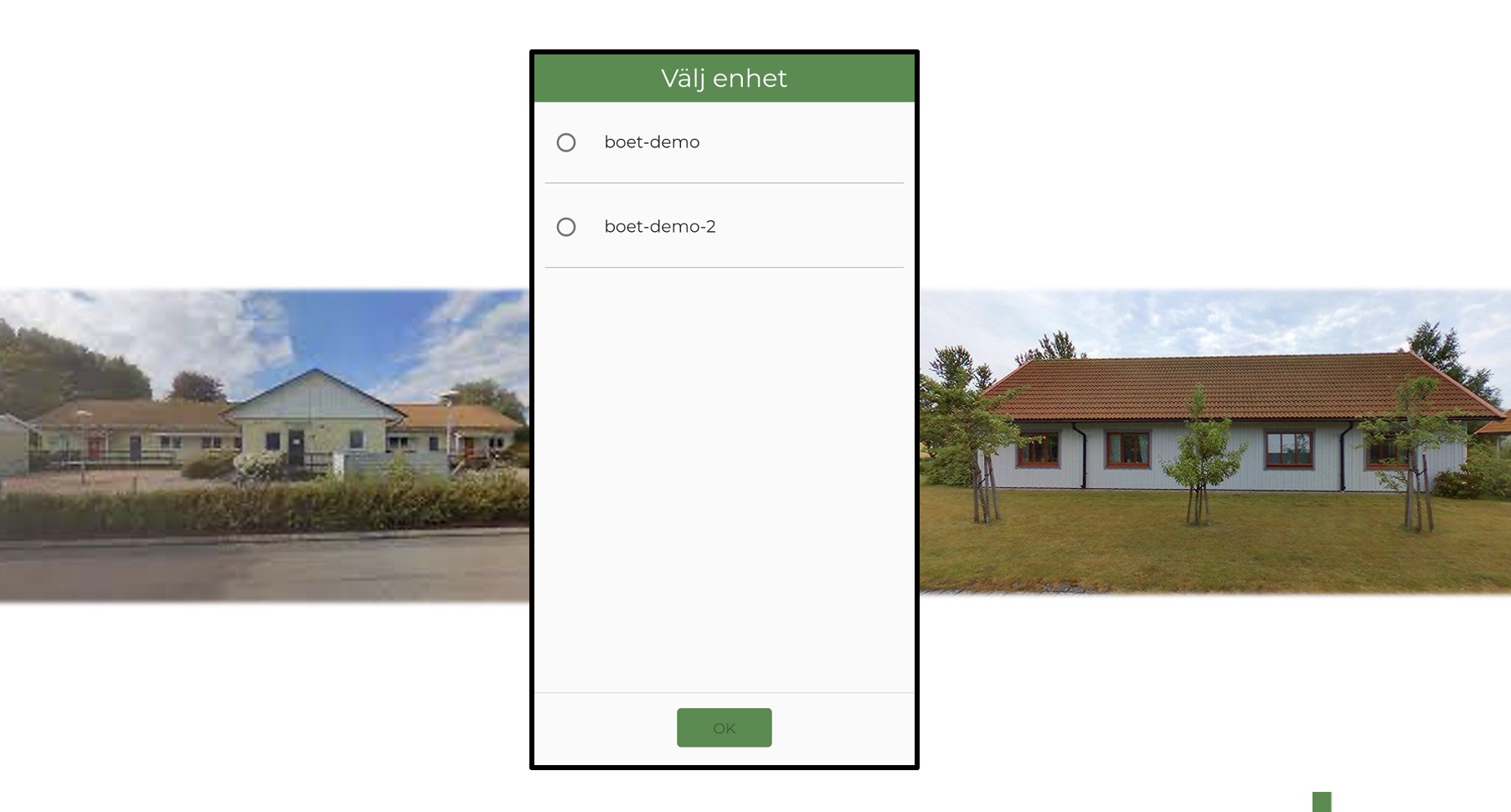 Tre ihopklippta bilder med två LSS-boenden och Boet-app som visar hur man byter enhet.